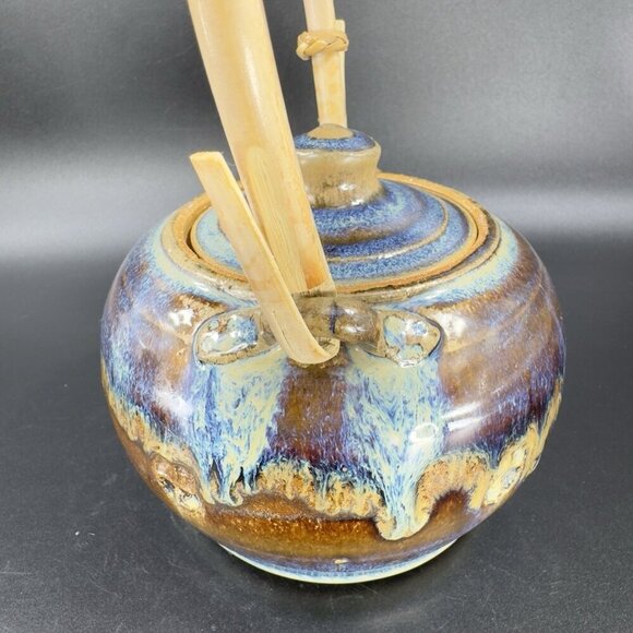 Vintage Pottery Stoneware Teapot Carafe With Wood Handle Drip Glaze Signed Mosia - Picture 13 of 16